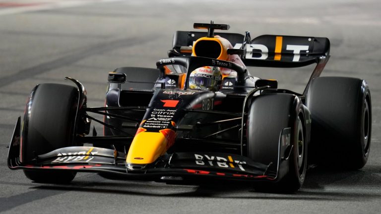 Red Bull driver Max Verstappen of the Netherlands steers his car during practice session of the Singapore Formula One Grand Prix, at the Marina Bay City Circuit in Singapore, Friday, Sept. 30, 2022. (Vincent Thian/AP)