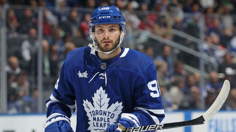 Victor Mete #98 of the Toronto Maple Leafs gets set for a faceoff against the Montreal Canadiens during an NHL pre-season game at Scotiabank Arena. (Claus Andersen/Getty Images)