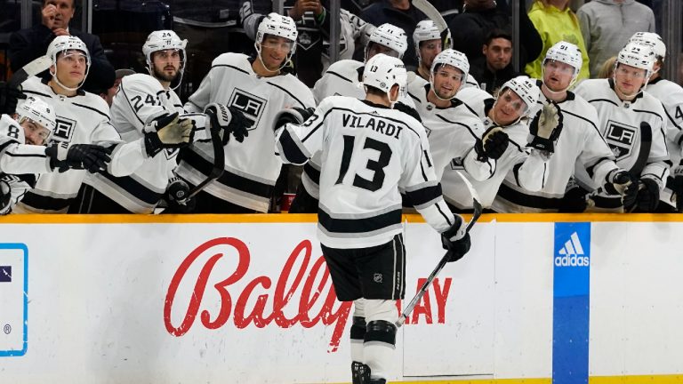 Los Angeles Kings' Gabriel Vilardi (13) is congratulated after scoring the winning goal during a shootout against the Nashville Predators in an NHL hockey game Tuesday, Oct. 18, 2022, in Nashville, Tenn. The Kings won 4-3. (Mark Humphrey/AP)