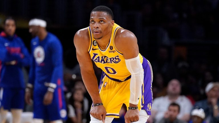 Los Angeles Lakers guard Russell Westbrook stands on the court during the second half of an NBA basketball game against the Los Angeles Clippers Thursday, Oct. 20, 2022, in Los Angeles. (AP Photo/Mark J. Terrill)