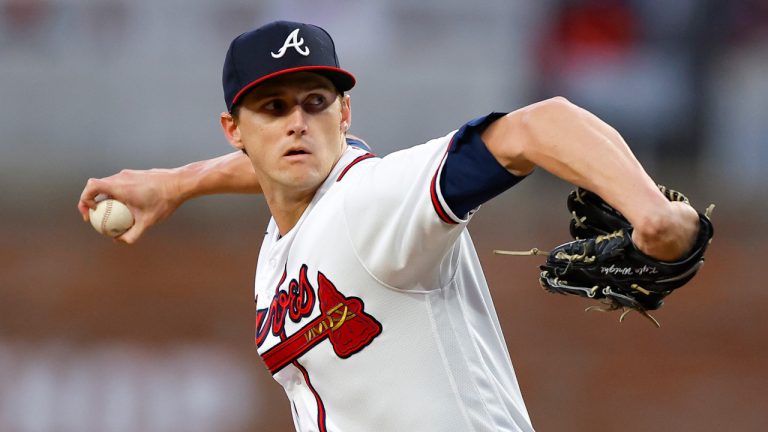 Kyle Wright of the Atlanta Braves pitches during the first inning against the New York Mets at Truist Park on October 1, 2022 in Atlanta, Georgia. (Todd Kirkland/Getty Images)