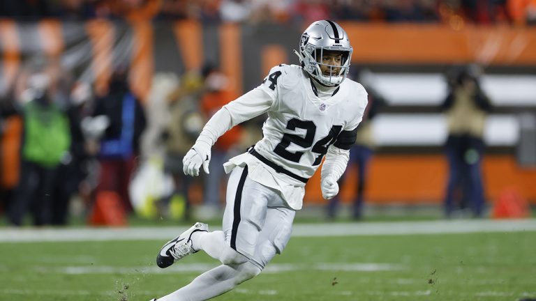 Former Las Vegas Raiders safety Johnathan Abram (24) plays against the Cleveland Browns on Monday, Dec. 20, 2021, in Cleveland. (Ron Schwane/AP)