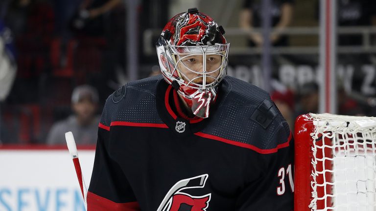 Carolina Hurricanes goaltender Frederik Andersen watches the puck against the Anaheim Ducks in Raleigh, N.C. on Sunday, April 10, 2022. (Karl B DeBlaker/AP)