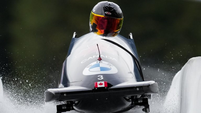 Canada's Cynthia Appiah, of Toronto, comes to a stop after racing to a second-place finish during the women's monobob competition at the IBSF bobsleigh world cup event, in Whistler, B.C., on Friday, November 25, 2022. (Darryl Dyck/CP)