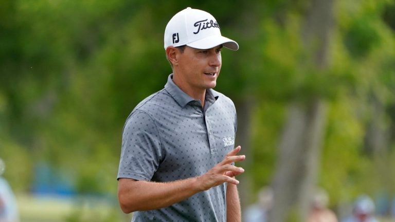 Jason Scrivener, of Australia acknowledges the gallery after his putt on the 14th hole during the final round of the PGA Zurich Classic golf tournament at TPC Louisiana in Avondale, La., Sunday, April 24, 2022. (Gerald Herbert/AP)