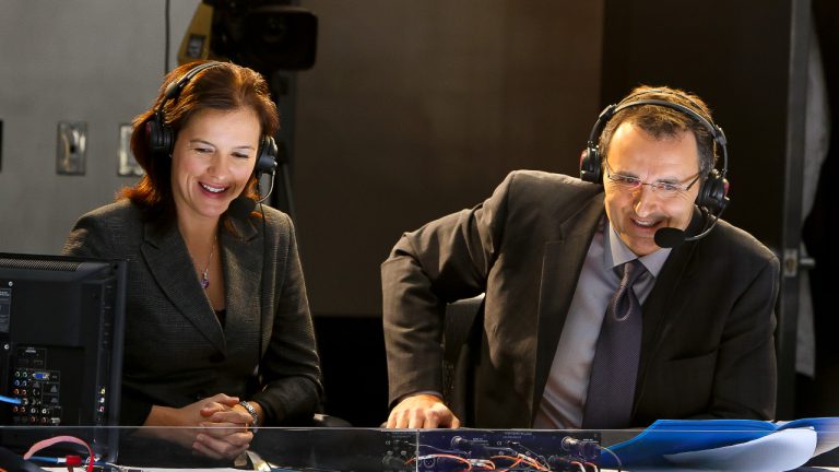 Hockey Night in Canada broadcaster Rick Ball calls play-by-play action between the Winnipeg Jets and the Dallas Stars alongside colour commentator Cassie Campbell-Pascall.(Photo by Jonathan Kozub/NHLI via Getty Images)