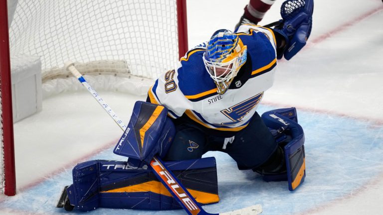 St. Louis Blues goaltender Jordan Bennington has been fined $5,000 for high-sticking Nashville Predators forward Luke Evangelista. (David Zalubowski/AP)