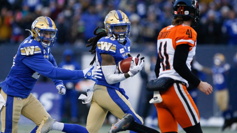 Winnipeg Blue Bombers' Janarion Grant (80) runs in a punt return against the BC Lions during the first half of CFL western final action in Winnipeg, Sunday, Nov. 13, 2022. (John Woods/CP)