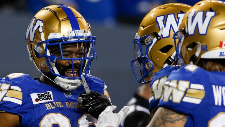 Winnipeg Blue Bombers’ Rasheed Bailey (88) and Drew Wolitarsky (82) celebrate Bailey’s touchdown against the B.C. Lions during first half CFL action in Winnipeg Friday, October 28, 2022. (John Woods/THE CANADIAN PRESS)