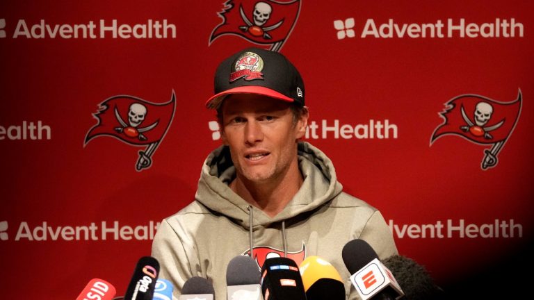 Tampa Bay Buccaneers quarterback Tom Brady attends a news conference after a practice session in Munich, Germany, Friday, Nov. 11, 2022. The Tampa Bay Buccaneers are set to play the Seattle Seahawks in an NFL game at the Allianz Arena in Munich on Sunday. (Matthias Schrader/AP Photo)