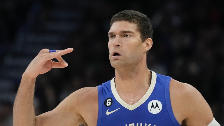 Milwaukee Bucks' Brook Lopez reacts after making a three-point basket during the first half of an NBA basketball game Wednesday, Nov. 16, 2022, in Milwaukee. (Morry Gash/AP)