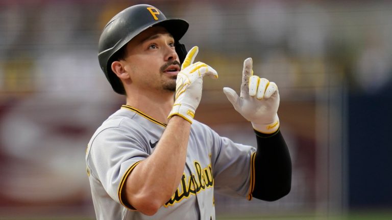 Pittsburgh Pirates' Bryan Reynolds reacts after hitting a home run against the San Diego Padres during the first inning of a baseball game Friday, May 27, 2022, in San Diego. (Gregory Bull/AP)