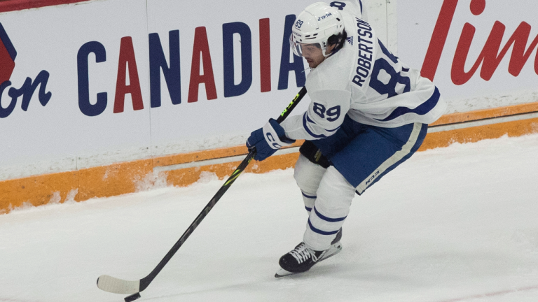 Toronto Maple Leafs left wing Nicholas Robertson (89) during preseason NHL action against Ottawa Senators at the CAA arena in Belleville, Ontario on Friday, September 30, 2022. (CP)