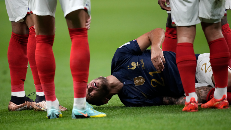 France's Lucas Hernandez is seen down injured during the World Cup group D soccer match between France and Australia, at the Al Janoub Stadium in Al Wakrah, Qatar, Tuesday, Nov. 22, 2022. (AP)