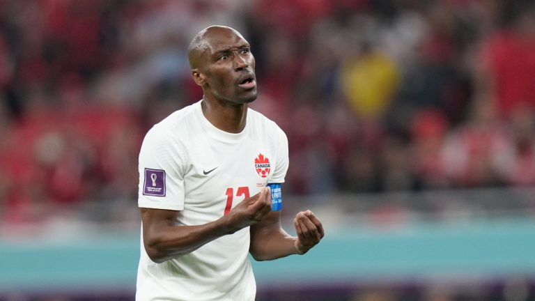 Canada's Atiba Hutchinson reacts during the World Cup group F soccer match between Belgium and Canada, at the Ahmad Bin Ali Stadium in Doha, Qatar, Wednesday, Nov. 23, 2022. (AP Photo/Darko Bandic)