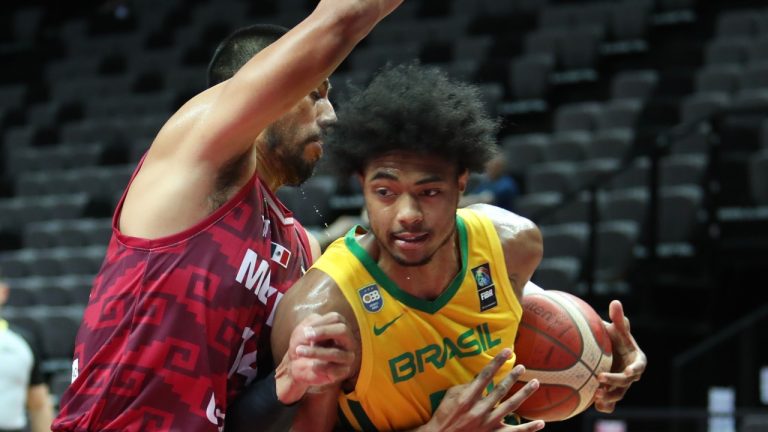 SPLIT, July 4, 2021 Bruno Caboclo (R) of Brazil competes during the 2020 FIBA Olympic Qualifying Tournament semi-final match between Brazil and Mexico in Split, Croatia, July 3, 2021. (Ivo Cagalj/Xinhua via ZUMA Press)