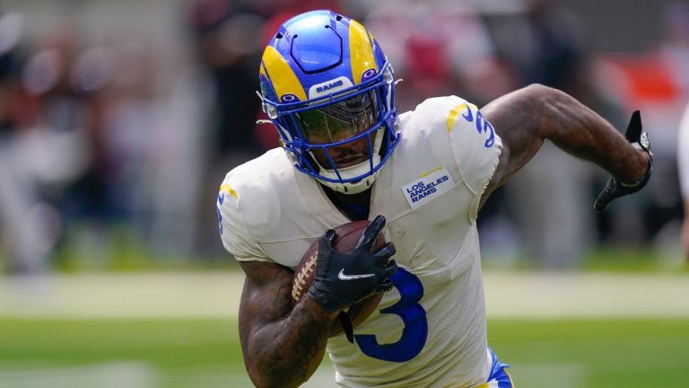 Los Angeles Rams running back Cam Akers runs with the ball during the first half of an NFL football game against the Atlanta Falcons, Sunday, Sept. 18, 2022, in Inglewood, Calif. (Mark J. Terrill/AP)