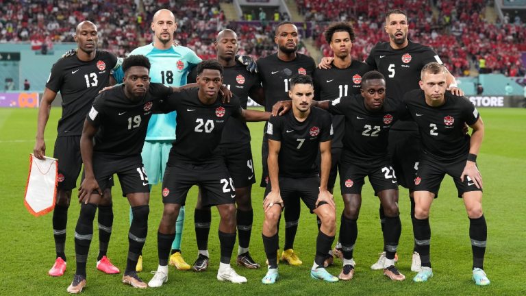 Canada players pose ahead of first half group F World Cup soccer action against Croatia at the Khalifa International Stadium in Al Rayyan, Qatar on Sunday. (Nathan Denette/CP)