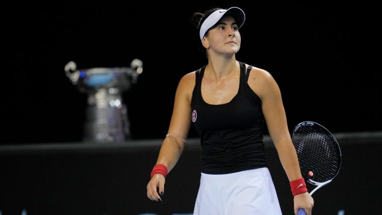 Canada's Bianca Andreescu looks up at her teams supporters as she plays against Switzerland's Viktorija Golubic on the 4th day of the Billie Jean King Cup tennis finals at the Emirates Arena in Glasgow, Scotland, Friday, Nov. 11, 2022. (Kin Cheung/AP)