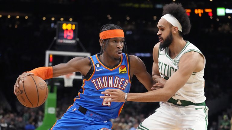 Oklahoma City Thunder guard Shai Gilgeous-Alexander (2) drives to the basket against Boston Celtics guard Derrick White, during the first half of an NBA basketball game on Monday, Nov. 14, 2022, in Boston. (Charles Krupa/AP)