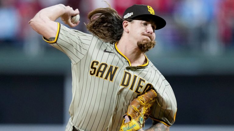 San Diego Padres starting pitcher Mike Clevinger throws during the first inning in Game 4 of the NL Championship Series between the San Diego Padres and the Philadelphia Phillies on Saturday, Oct. 22, 2022, in Philadelphia. (Matt Slocum/AP Photo)