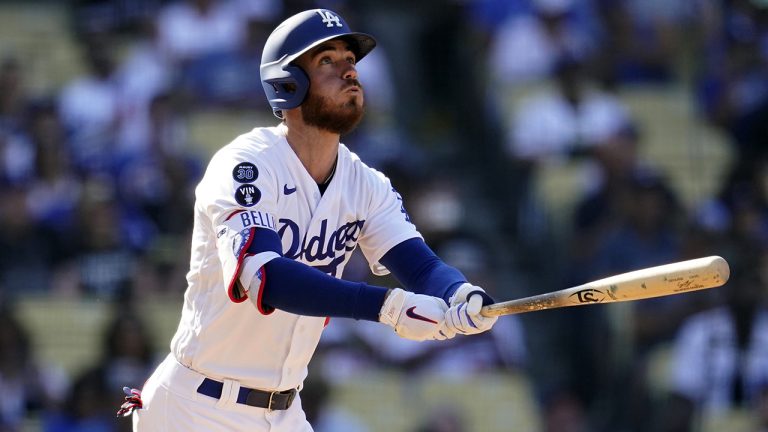 Los Angeles Dodgers' Cody Bellinger watches his solo home run against the Colorado Rockies, Wednesday, Oct. 5, 2022, in Los Angeles. (Marcio Jose Sanchez/AP)