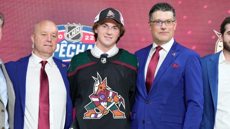 Logan Cooley poses for photos after being selected as the third pick in the first round of the NHL draft by the Arizona Coyotes in Montreal on Thursday, July 7, 2022. Ryan Remiorz/THE CANADIAN PRESS