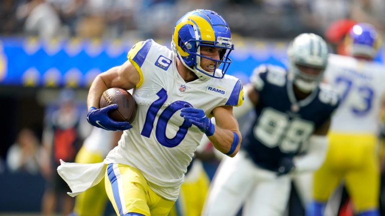 Los Angeles Rams wide receiver Cooper Kupp (10) sprints to the end zone for a touchdown in the first half of an NFL football game against the Dallas Cowboys, Sunday, Oct. 9, 2022, in Inglewood, Calif. (Marcio Jose Sanchez/AP)