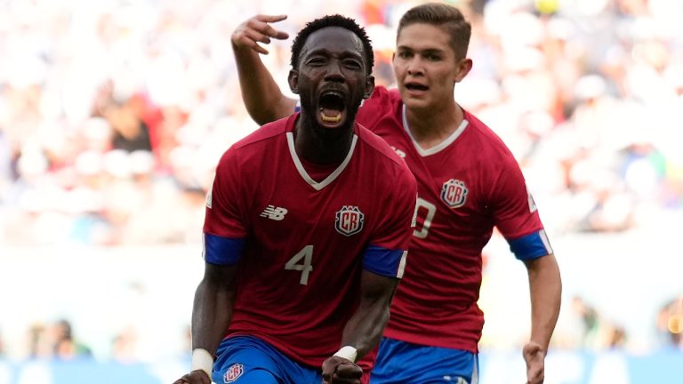 Costa Rica's Keysher Fuller celebrates after scoring his side's opening goal during the World Cup, group E soccer match between Japan and Costa Rica, at the Ahmad Bin Ali Stadium in Al Rayyan , Qatar, Sunday, Nov. 27, 2022. (Francisco Seco/AP)