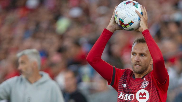 Toronto FC's Domenico Criscito prepares to take a throw-in during MLS action against the San Jose Earthquakes in Toronto on Saturday, July 9, 2022. (Chris Young/The Canadian Press)