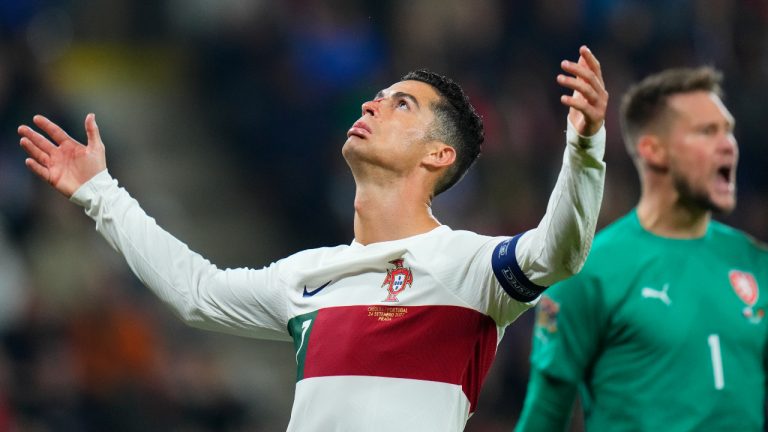 Portugal's Cristiano Ronaldo reacts after missing a chance to score as Czech Republic goalkeeper Tomas Vaclik, rear, screams during the UEFA Nations League soccer match between the Czech Republic and Portugal (Petr David Josek/AP)