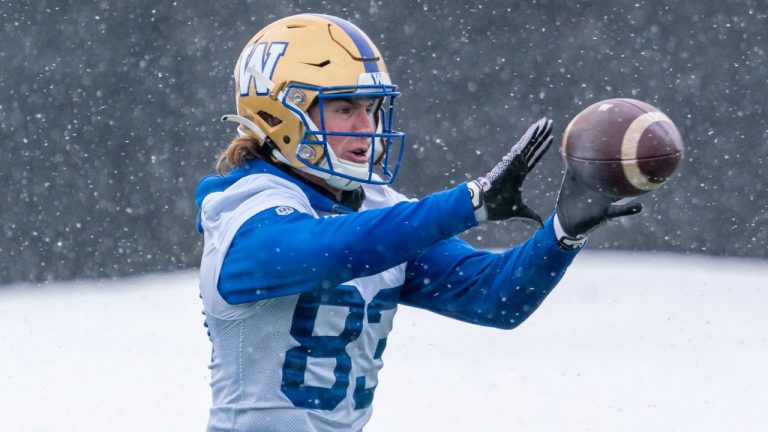 Winnipeg Blue Bombers wide receiver Dalton Schoen (83) catches the football at Leibel Field in Regina. (Heywood Yu/CP)