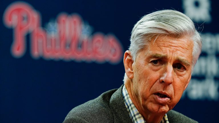 Philadelphia Phillies president of baseball operations Dave Dombrowski speaks with members of the media during a news conference in Philadelphia, Friday, June 3, 2022. (Matt Rourke/AP)