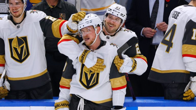 Vegas Golden Knights center Jack Eichel (9) and center Brett Howden (21) celebrate the team's 6-4 victory over the Buffalo Sabres in an NHL hockey game, Thursday, Nov. 10, 2022, in Buffalo, N.Y. (Jeffrey T. Barnes/AP)