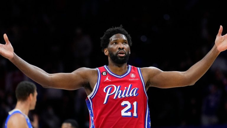 Philadelphia 76ers' Joel Embiid reacts during the second half of an NBA basketball game against the Milwaukee Bucks, Friday, Nov. 18, 2022, in Philadelphia. (Matt Slocum/AP)