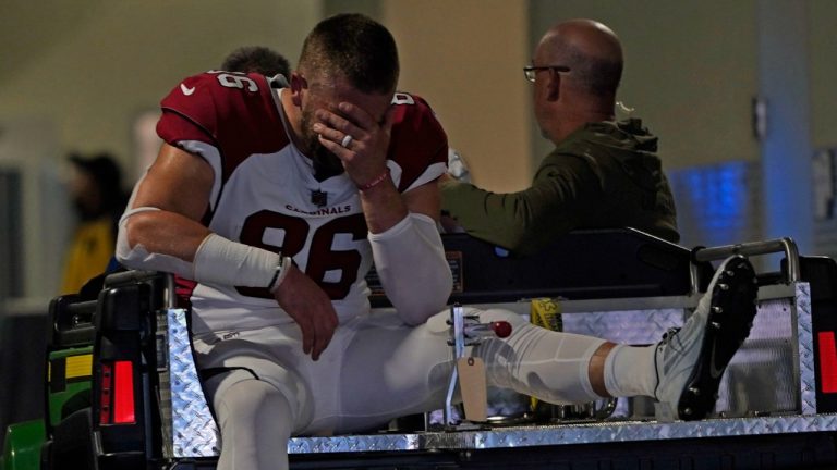 Arizona Cardinals tight end Zach Ertz is carted off the field after an injury during the first half of a game against the Los Angeles Rams Sunday, Nov. 13, 2022, in Inglewood, Calif. (Jae C. Hong/AP Photo)