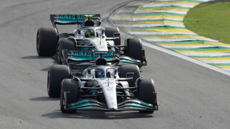 Mercedes driver George Russell, of Britain, front, steers his car during the Brazilian Formula One Grand Prix at the Interlagos race track in Sao Paulo, Brazil, Sunday, Nov.13, 2022. (Marcelo Chello/AP)