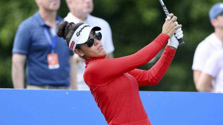 Maria Fassi, of Mexico, watches her tee shot during the LPGA Walmart NW Arkansas Championship golf tournament on Saturday, Sept. 24, 2022, in Rogers, Ark. (Michael Woods/AP)