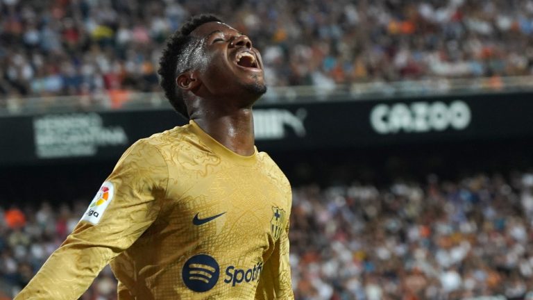 Barcelona's Ansu Fati reacts after a missed opportunity during a match between Valencia and Barcelona at the Mestalla stadium in Valencia, Spain, Saturday, Oct. 29, 2022. The 20-year-old hasn't played for the national team in two years (Alberto Saiz/AP Photo)