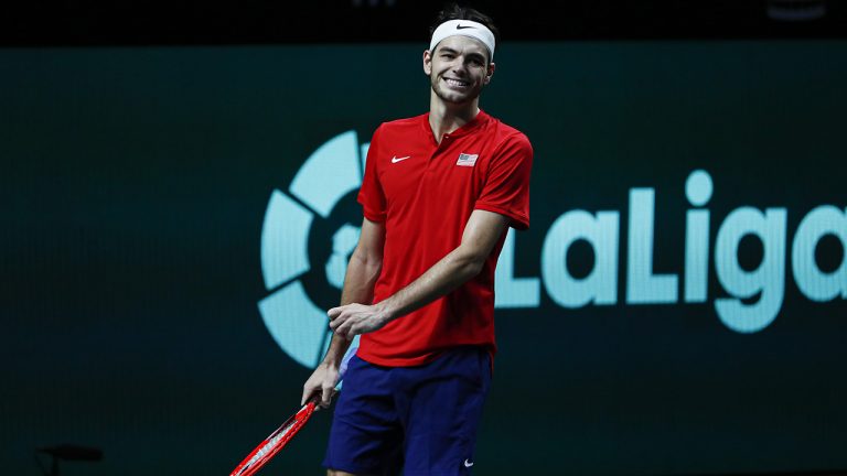 Taylor Fritz of the USA celebrates defeating Italy's Lorenzo Musetti during a Davis Cup quarter-final tennis match between Italy and USA in Malaga, Spain, Thursday, Nov. 24, 2022. (Joan Monfort/AP)