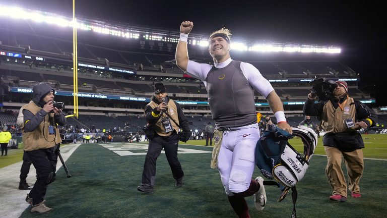 Washington Commanders quarterback Taylor Heinicke celebrates after an NFL football game against the Philadelphia Eagles, Monday, Nov. 14, 2022, in Philadelphia. (Matt Rourke/AP)