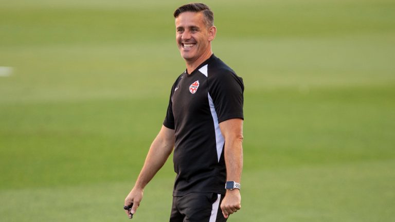 John Herdman, head coach of Canada's national team, leads a training session in Toronto on Wednesday, September 1, 2021, ahead of their World Cup qualifier against Honduras. (Chris Young/CP)