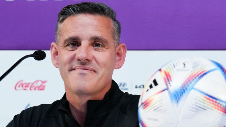 Canada head coach John Herdman speaks to the media at a press conference as they get set to play against Croatia during the World Cup in Doha, Qatar during on Saturday, November 26, 2022. (Nathan Denette/CP)