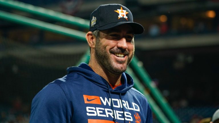 Houston Astros starting pitcher Justin Verlander smiles before Game 3 of baseball's World Series between the Houston Astros and the Philadelphia Phillies on Tuesday, Nov. 1, 2022, in Philadelphia. (Chris Szagola/AP)