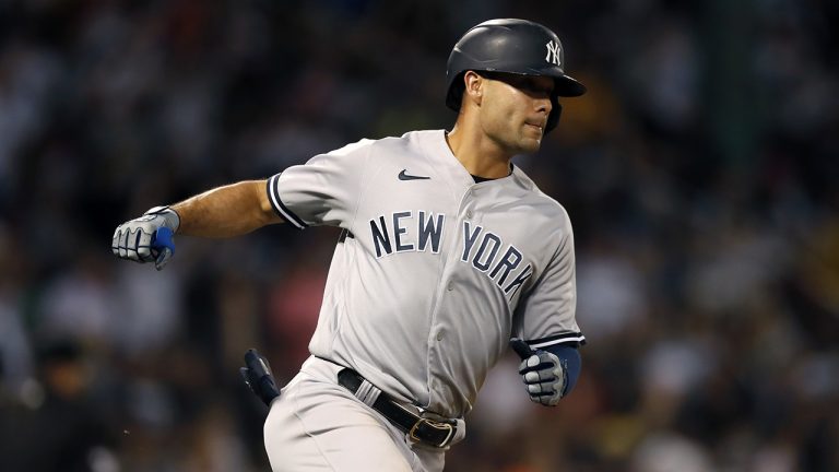 New York Yankees' Isiah Kiner-Falefa runs the bases on a two-run home run during the fifth inning of the team's baseball game against the Boston Red Sox, Saturday, Aug. 13, 2022, in Boston. (Michael Dwyer/AP)