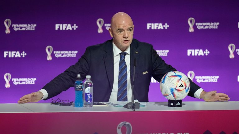 FIFA President Gianni Infantino speaks at a press conference Saturday, Nov. 19, 2022. (Abbie Parr/AP)