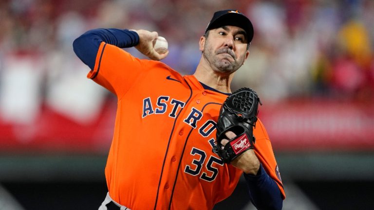 Houston Astros starting pitcher Justin Verlander throws against the Philadelphia Phillies during the first inning in Game 5 of baseball's World Series between the Houston Astros and the Philadelphia Phillies on Thursday, Nov. 3, 2022, in Philadelphia. (Matt Slocum/AP)