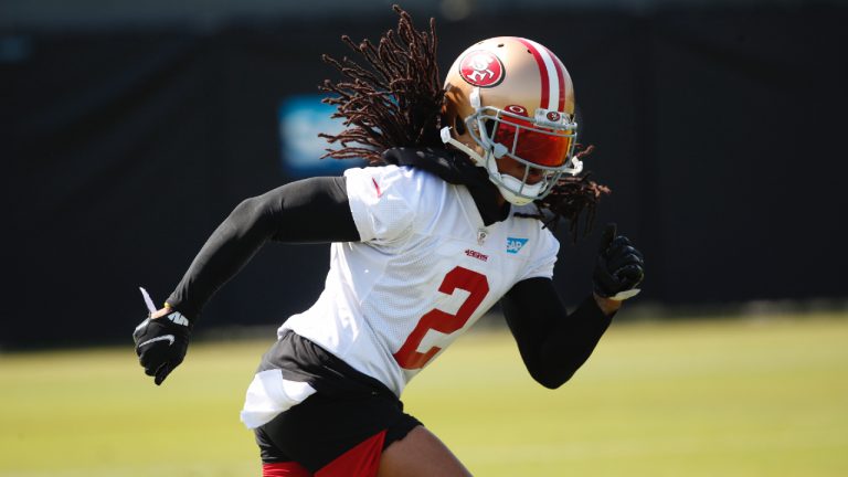 San Francisco 49ers cornerback Jason Verrett runs on the field during an NFL football training camp in Santa Clara, Calif., on July 31, 2021. Verrett's attempted return from a knee injury was derailed when he tore his Achilles in practice, announced by the team on Thursday, Nov. 10, 2022, in the latest setback in career full of significant injuries. (Josie Lepe/AP)