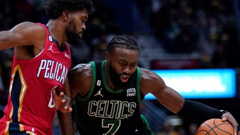 Boston Celtics guard Jaylen Brown (7) drives to the basket against New Orleans Pelicans forward Naji Marshall in the second half of an NBA basketball game in New Orleans, Friday, Nov. 18, 2022. The Celtics won 117-109. (Gerald Herbert/AP)