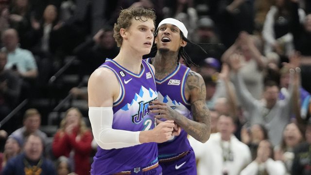 Utah Jazz's Lauri Markkanen (23) celebrates with Jordan Clarkson, rear, after scoring against the Phoenix Suns during the second half of an NBA basketball game Friday, Nov. 18, 2022, in Salt Lake City. (Rick Bowmer/AP)